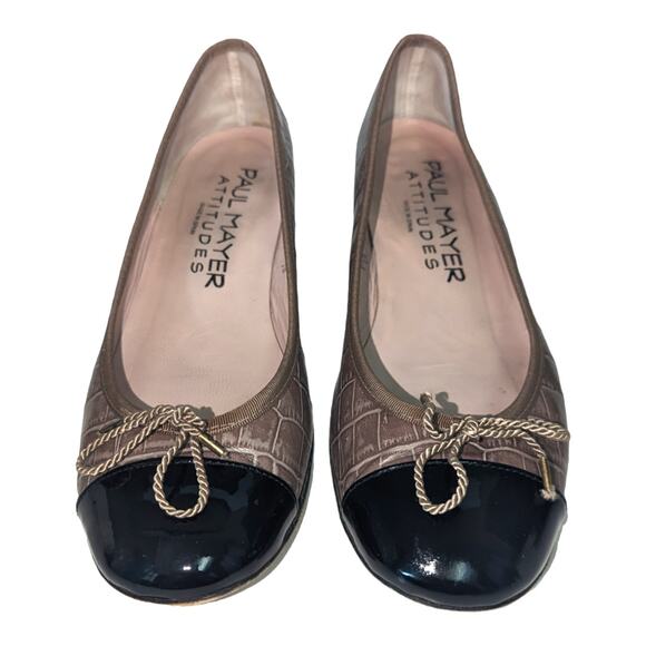 Paul Mayer Attitudes Block Heel Tan Croc Embossed Leather Black Patent Toe 9.5 - Picture 3 of 10